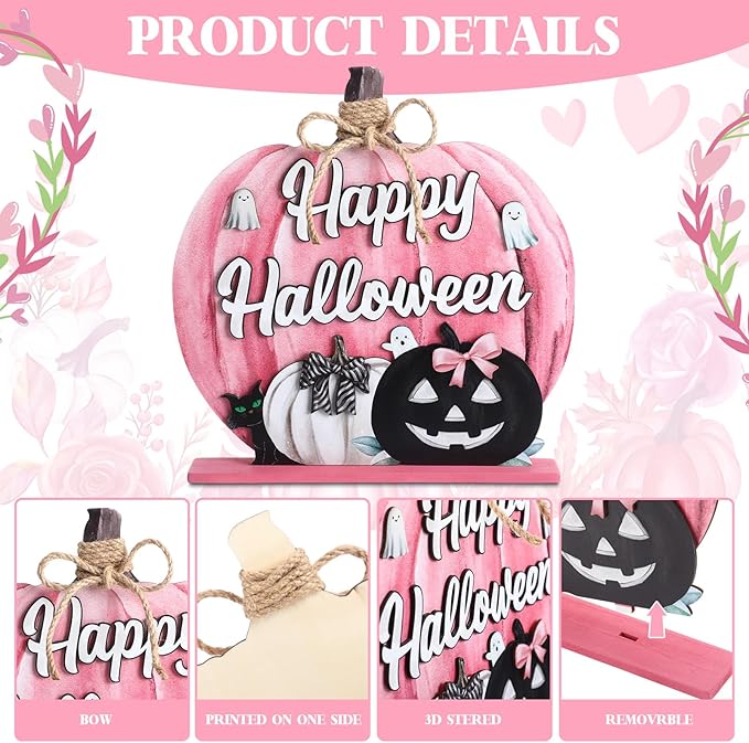 Soaoo Halloween Decoration Wooden Pink Pumpkin Sign Scary Pumpkin Table Decor 11 Inch Wooden Happy Halloween Desktop Ornament for Farmhouse Home Living Room Holiday Decor(Wash Pink, Scary)