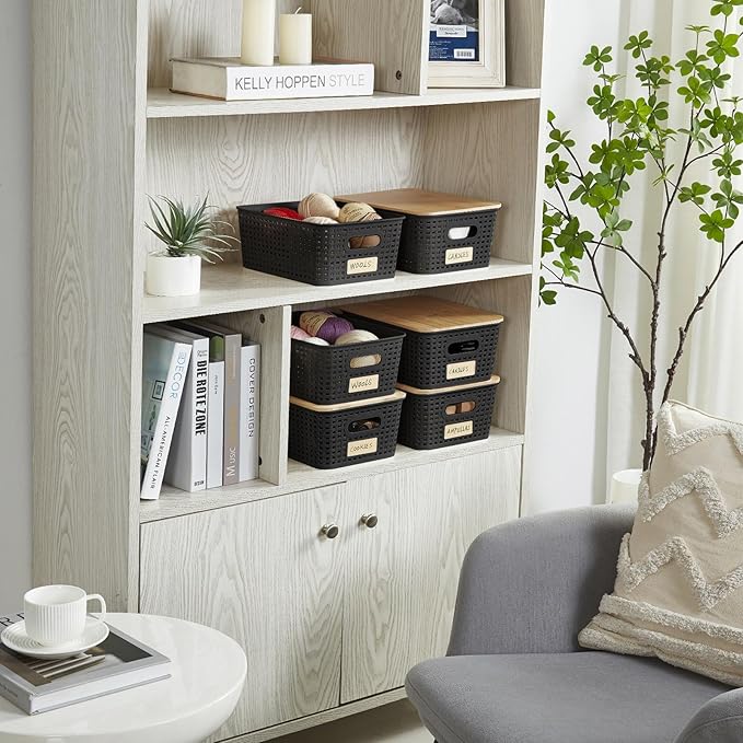 Small Plastic Storage Bins with Bamboo Lids 5.2qt Stackable Box Basket Pantry Decorative Containers Cute with Lable for Organizing Desktop Closet Office Black of 6 packs 10 * 7.2 * 4.1'’