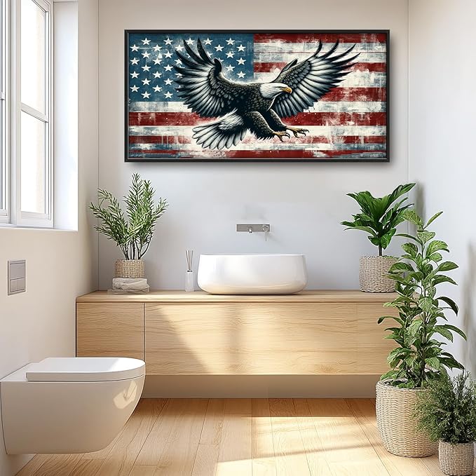 Flintis Large Bald Eagle Wall Art Eagle American flag Pictures Wall Decor Abstract Animal Canvas Painting Print Artwork Decoration Framed for Living Room Bathroom Master Bedroom Office 60L x 30W