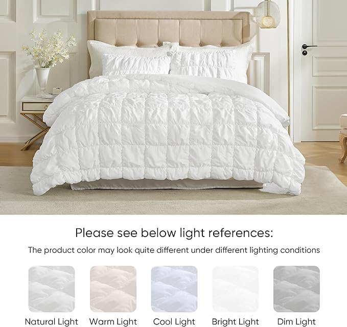 Amelie Home White Bubble Comforter Set King Size, 3 Pieces Ultra Soft Cozy Bedding Set for All Seasons, Farmhouse Luxury Gift for Women Home Decor, 106 x 90 inches