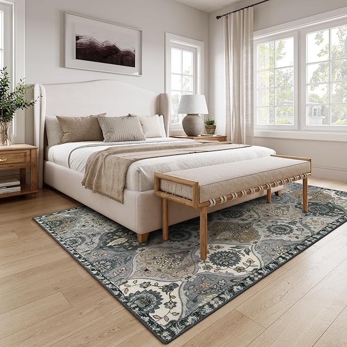 Lahome Moroccan Washable Living Room Rug, 5x8 Rugs for Bedroom Dining Room, Soft Non-Slip Non Shedding Boho Distressed Throw Carpet for Nursery Office, Grey