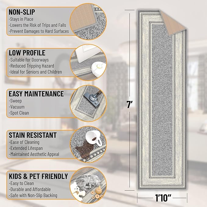 Ottomanson Hallway Runner Rug 1'10" x 7' Non Slip Border Area Rugs Easy to Clean Laundry Rug Runner Durable & Pet Friendly Floor Carpet Runners for Hallways Entryway Living Room Kitchen, Light Gray
