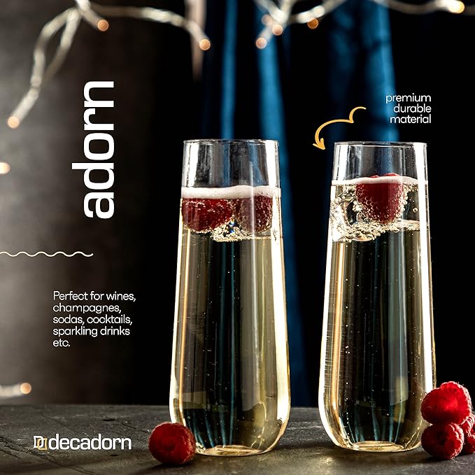 Clear Stemless Champagne Flutes Plastic 48 Pack - 9oz Plastic Champagne Glasses - Durable and Sturdy Mimosa Glasses For Parties - Shatterproof, Recyclable, BPA-Free, Smooth Rims.