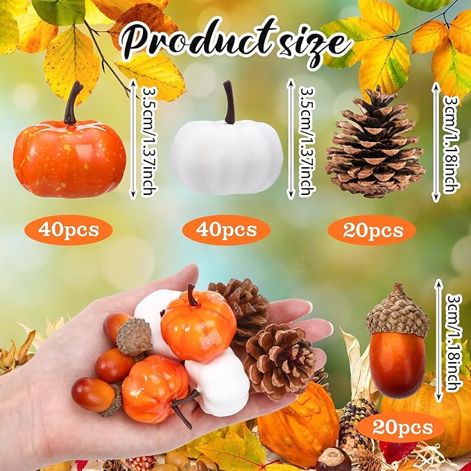 Yookeer 120pcs Mini Pumpkins Acorns Pine Cones Fall Decoration Thanksgiving Artificial Small Pumpkins Fake Props Bulk Rustic Vase Filler for Autumn Harvest DIY Craft Table Centerpiece(Lovely Color)