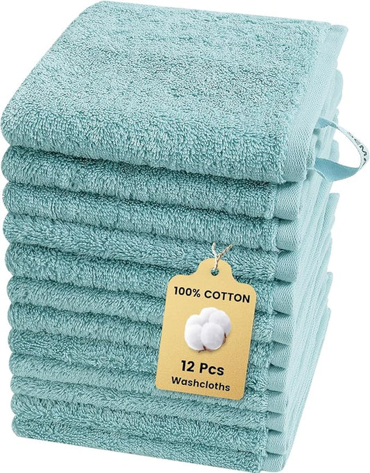 SEMAXE 100% Cotton Washcloths 12-Pack, 13 × 13 Inch Soft Luxury Face Towels – Super Absorbent & Quick-Dry, Premium Cloth with Hanging Loop, Oeko-TEX Certified, Gift-Ready Box