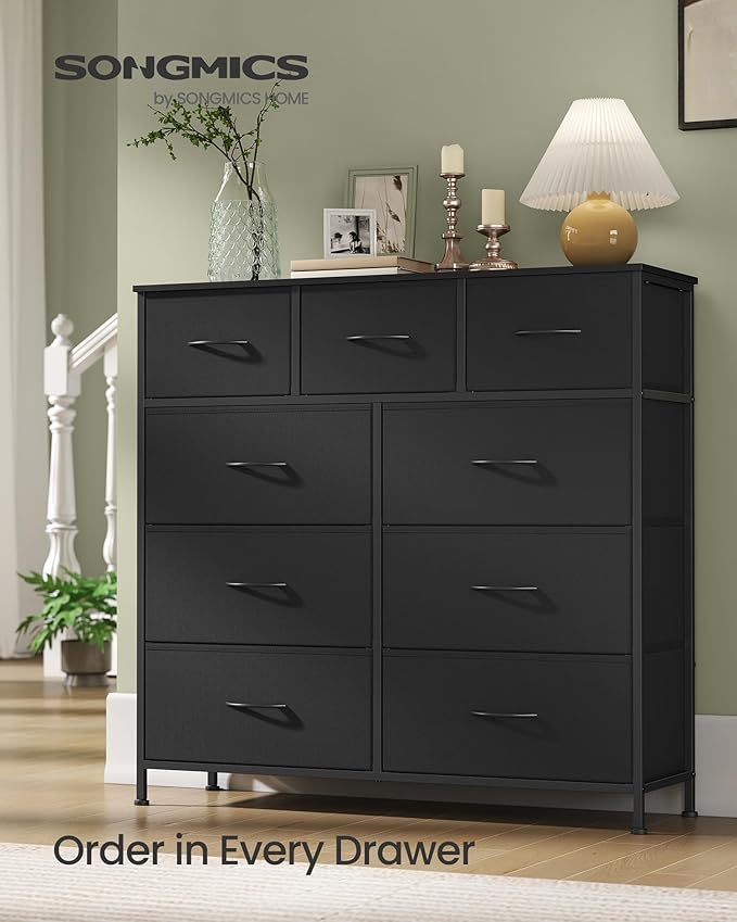 SONGMICS Dresser for Bedroom, Chest of Drawers, Steel, MDF, 9 Non-Woven Fabric Drawers, Storage Organizer Unit, Closet, Entryway, Ink Black and Ebony Black LGS324B01S