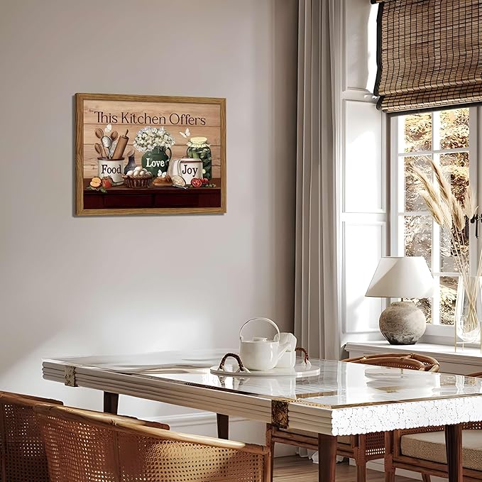 Kitchen Wall Art, Vintage Rustic Farmhouse Food Still Life Wall Decor Paintings, This Kitchen Offers Food Love and Joy Canvas Pictures Posters Prints for Dining Room Home Decor 16x24 Inch Wood Framed