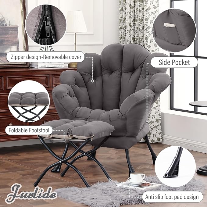 Lazy Chair with Ottoman, Modern Floral Reading Chair with Folding Footrest, Lounge Accent Chairs, Comfortable Oversized Armchairs for Bedroom, Living Room, Courtyard, Dark Grey