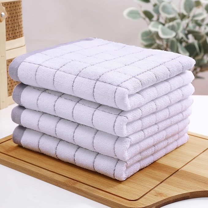 Homaxy 100% Cotton Terry Kitchen Towels(White, 13 x 28 inches), Checkered Designed, Soft and Super Absorbent Dish Towels, 4 Pack