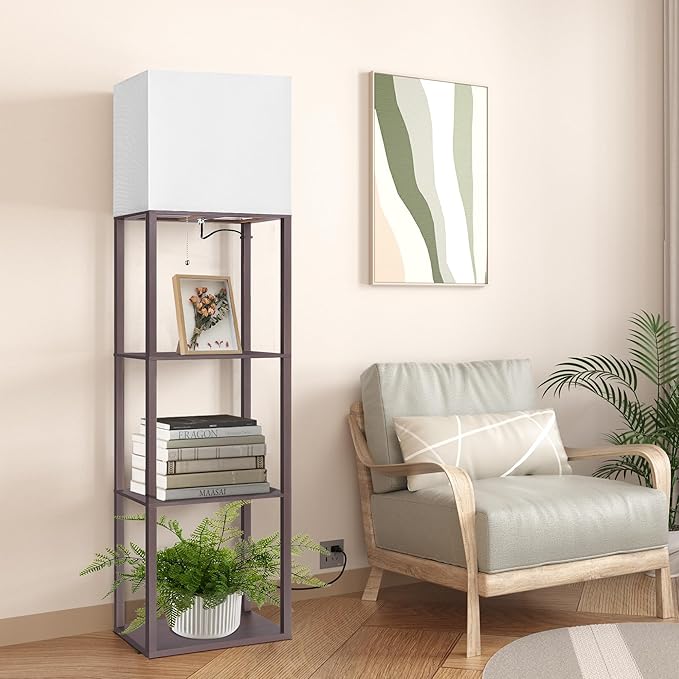 Dott Arts Floor Lamp with Shelves, Wide Floor Lamps for Living Room Display Shelf Lamps with 3 Color LED Bulb,Storage Wood Modern Floor Lamp for Bedroom Standing Lamp for Living Room Office（Walnut）