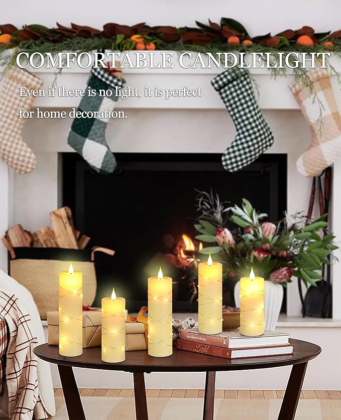 Da by Flickering Flameless Candles with String Lights, Battery Operated Candles with Remote and Timer, LED Pillar Candle Real Wax,5 Pack-Ivory White