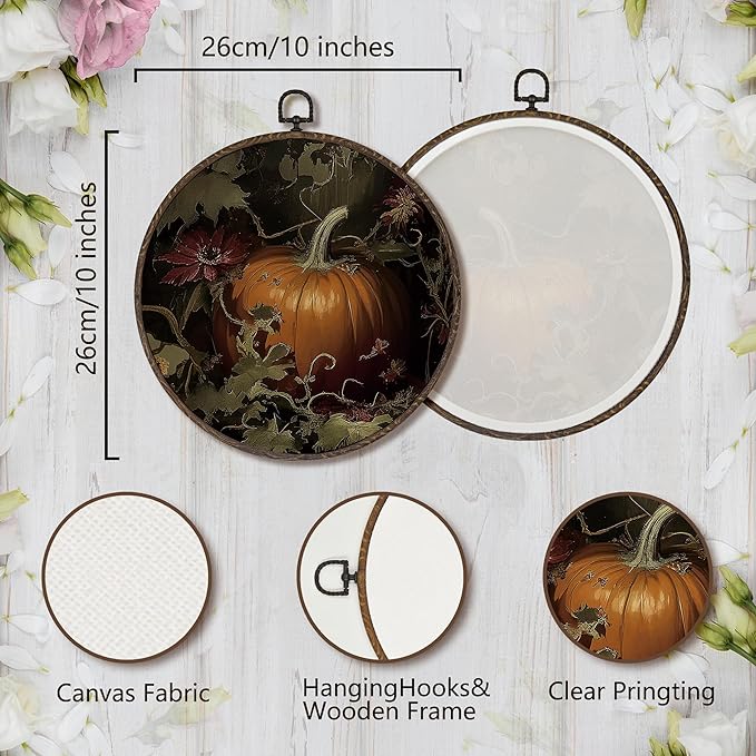 XNXLDYLH Vintage Fall Pumpkin Round Framed Wall Art Decor, Dark Cottagecore Antique Hanging Wall Decor Decorations, Dark Academia Fall Autumn Canvas Prints Wall Art Paintings for Living Room, 10x10In