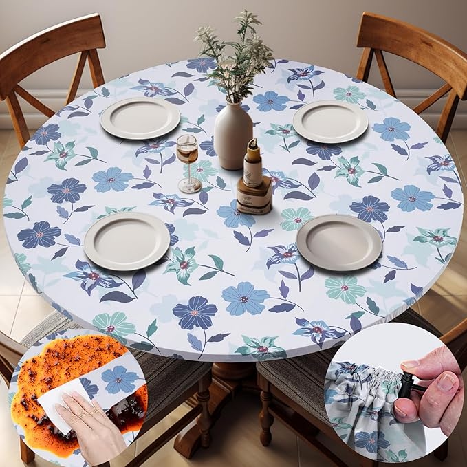 Round Tablecloth Waterproof Fitted Cute Table Cloth Summer Fall Outdoor Circle Cover for 45-54" Tables Dining Kitchen Apartment Set Long Trips Car Travel Essentials Kids Party Decor Gifts