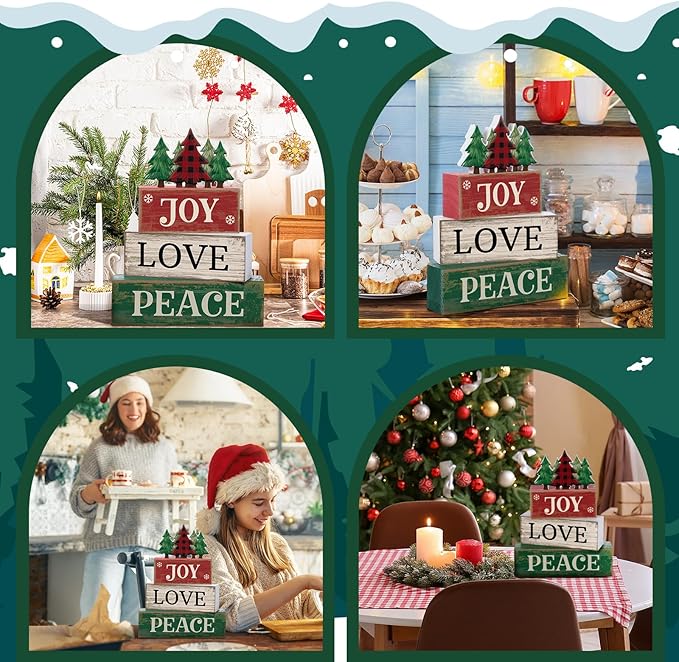 4 Pcs Christmas Table Decor Christmas Tree Centerpiece Joy Peace Love Sign Rustic Decorative Tree Block Signs Gift Winter Tiered Tray Decor Farmhouse for Home Xmas Party Kitchen Shelf