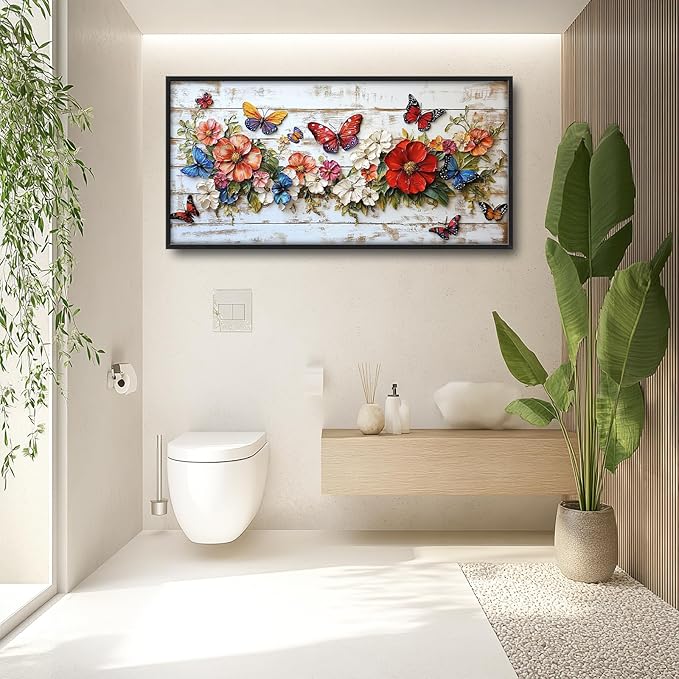 Olivine Flower Large Wall Art, Butterfly Pictures Wall Decor, Boho Painting, Rustic Wood Grain Canvas Prints, Framed Artwork for Dining Room Living Room Bedroom Bathroom Office Home Decor 36"x24"