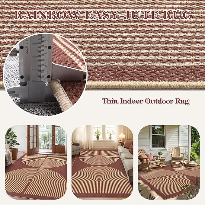 Lahome Modern Rainbow Easy Jute Outdoor Rug 5x7, Stain Resistant Red Dining Room Patio Rug, Farmhouse Non Slip Non Shedding Indoor Outdoor Carpet for Living Room Home Office Bedroom Deck Backyard