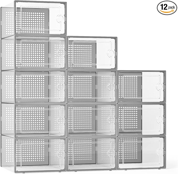 Kuject X-Large Shoe Storage Boxes Organizers Clear Plastic Stackable 12 Pack, Shoe Rack & Holder Substitute, Sneaker Containers, Toy Storage Organizer Bins for Entryway, Closet, Under Bed, Blue