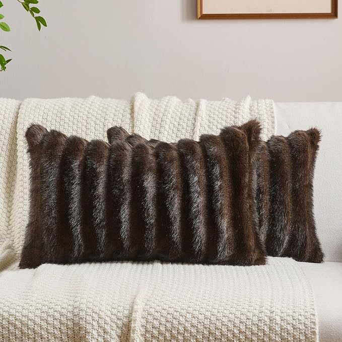 FUTEI Dark Coffee Decorative Throw Pillow Covers 12x20 Inch Set of 2,Soft Fluffy Faux Mink Fur Dyeing Striped Textured Lumbar Pillow Case,Modern Home Decor for Couch Bed Living Room