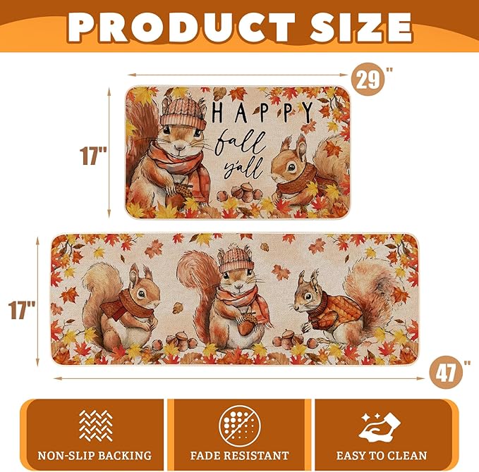 Happy Fall Y'all Squirrel Kitchen Rugs Set of 2, Seasonal Autumn Thanksgiving Holiday Home Decor Low-Profile Kitchen Mats for Floor - 17x29 and 17x47 Inch