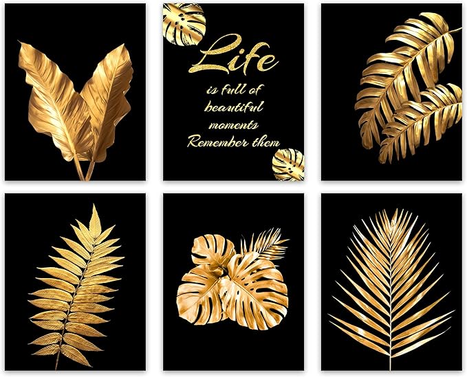 Gold Leaf Art Prints Modern Black Gold Botanical Tropical Plant Leaves Canvas Wall Art Prints,Foliage Inspirational Quotes Art for Bedroom Room Home Decor Set of 6(8"X10"Unframed)