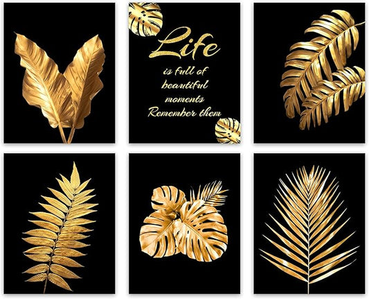 Gold Leaf Art Prints Modern Black Gold Botanical Tropical Plant Leaves Canvas Wall Art Prints,Foliage Inspirational Quotes Art for Bedroom Room Home Decor Set of 6(8"X10"Unframed)