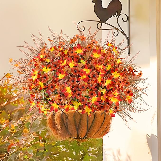 64 Pcs Artificial Fall Flower Outdoor Fake Fall Flowers UV Resistant Faux Fall Eucalyptus Plants for Home Porch Planter Garden Thanksgiving Fall Decor