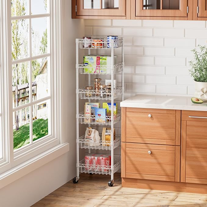 6 Shelves Storage Shelf Wire Closet Bathroom Organizers Metal Pantry Kitchen Garage Shelving Unit Laundry Room Organization Home Rack Net Basket White with Wheels 14" Dx14 Wx64.8 H