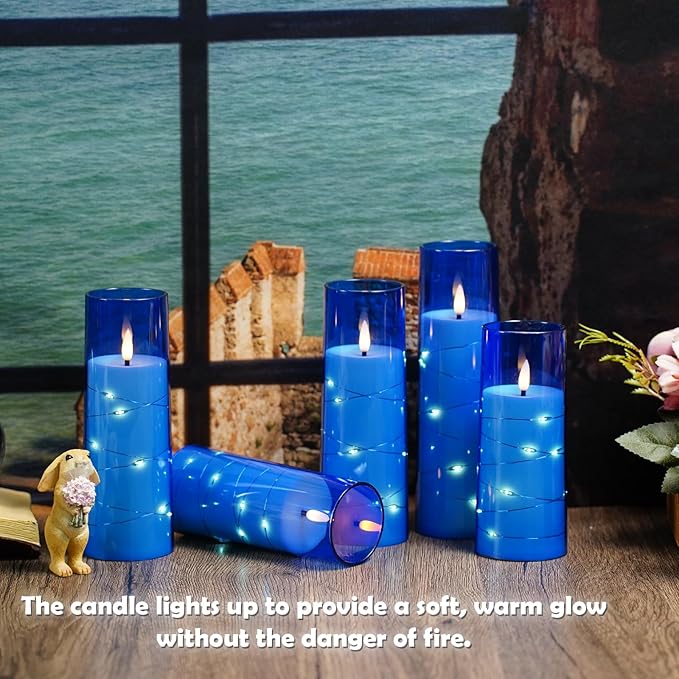 Flameless LED Candles with Timer 9 Pc Flickering Flameless Candles for Romantic Ambiance and Home Decoration Stable Acrylic Shell,with Embedded Star String，Battery Operated Candles（Blue）