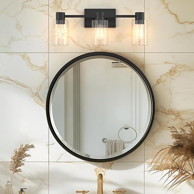 3-Light Matte Black Wall Sconces for Bathroom, Modern Vanity Light Fixtures Over Mirror, Bathroom Light Fixtures with Clear Glass Shade, E26 Wall Sconces for Living Room, Hallway