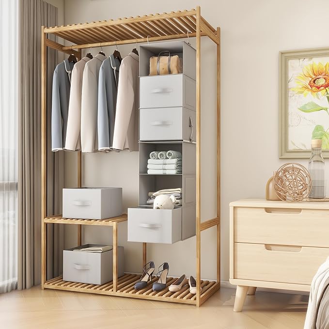 Twira 6-Shelf Hanging Closet Organizer, 2 Separable 3-Shelf Hanging Shelves, Hanging Storage with 3 Removable Drawers 4 Side Pockets, Storage Organizer for Closet, Nursery (Light Grey)