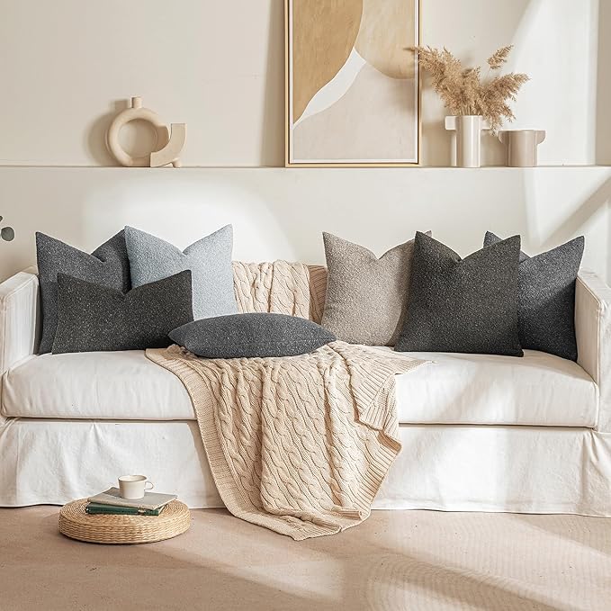MIULEE 24x24 Decorative Euro Sham Throw Pillows for Bed Set of 2 Textured Boucle Neutral Throw Pillow Coverss Light Grey Accent Solid Couch Pillowcase Cozy Soft Sofa Livingroom Home Decor