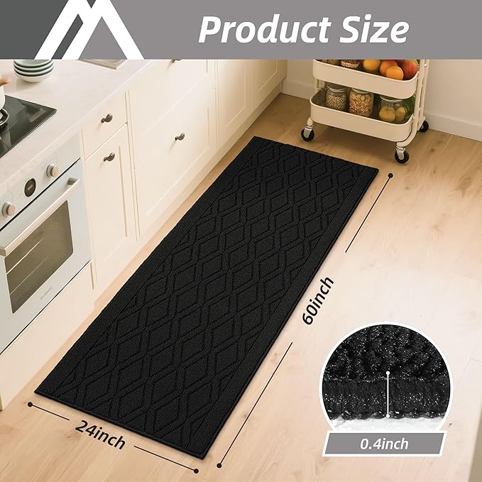 COSY HOMEER-Kitchen-Rugs-Non-Slip-Washable 24"x60" Absorbent Kitchen Runner Rugs Polypropylene Kitchen Mats for Floor,Sink Mat,Hallway,Laundry,Black