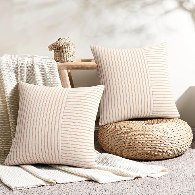 YCOLL Fall Pillow Covers 16x16, Modern Accent Throw Pillow Covers Set of 2, Burnt Orange Striped Patchwork Linen Decorative Pillows Cushion Covers for Fall Decorations