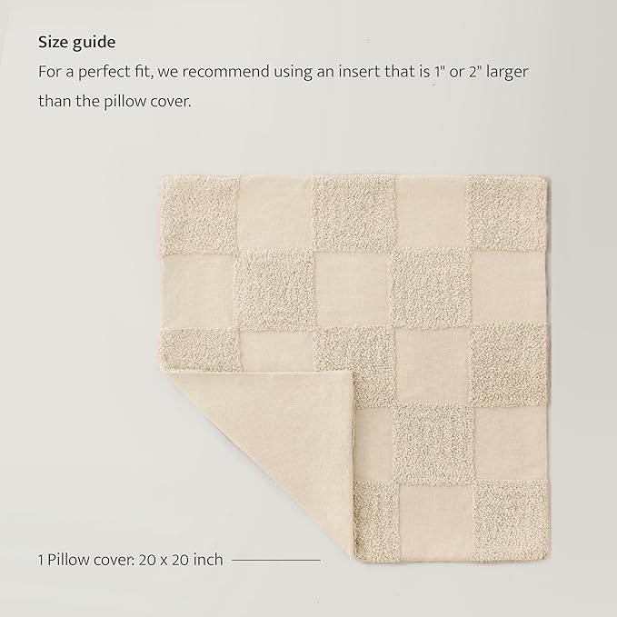 Double Stitch 100% Cotton Throw Pillow Covers - Checkered Tufted Boho Decorative Pillow Covers 20x20, Made in India, Square Cushion Case, Modern Home Decor for Couch, Sofa, Living Room, Beige