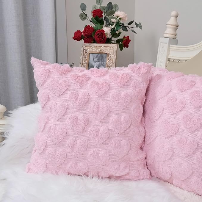 GEEORY Valentines Day Soft Plush Love Heart Pillow Covers, 20 x 20 Inch Set of 2, Faux Fur Wool Decorative Anniversary Cushion Case for Sofa Home Decoration Pink GC011-20