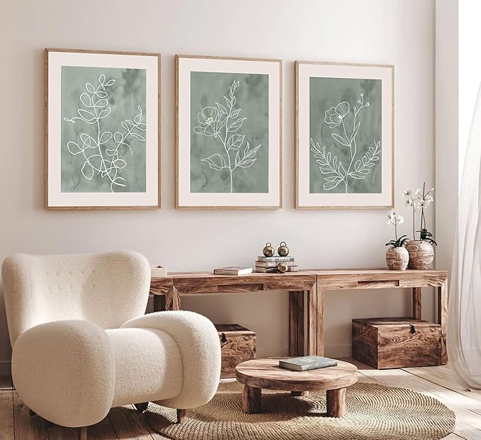 3Pcs Sage Green Botanical Wall Art Line Drawing Floral Canvas Poster Prints Modern Abstract Minimalist Picture Neutral Boho Artwork Simple Painting Wall Decor for Living Room Bedroom 16x24in Unframed