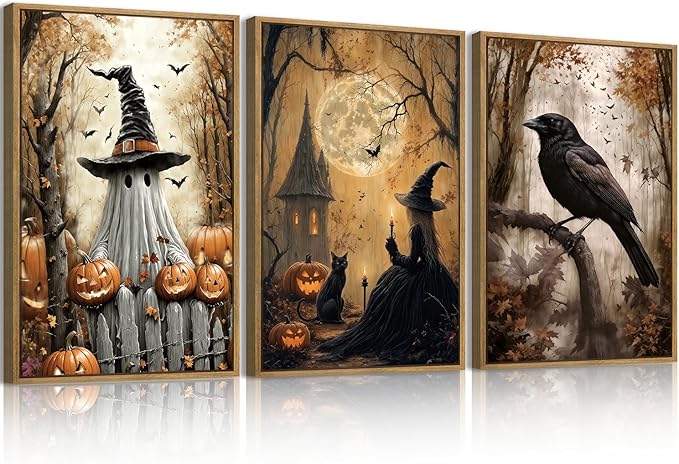 ANHUIB Large Halloween Wall Art Spooky Ghost Witch Wall Decor Black Cat with Crow Painting 16x24 Inch Set of 3 for Living Room Bedroom