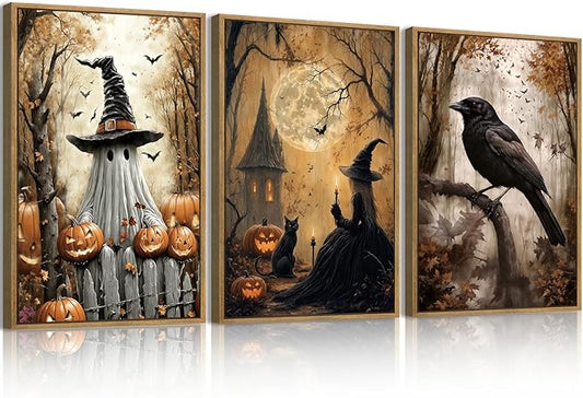 ANHUIB Large Halloween Wall Art Spooky Ghost Witch Wall Decor Black Cat with Crow Painting 16x24 Inch Set of 3 for Living Room Bedroom