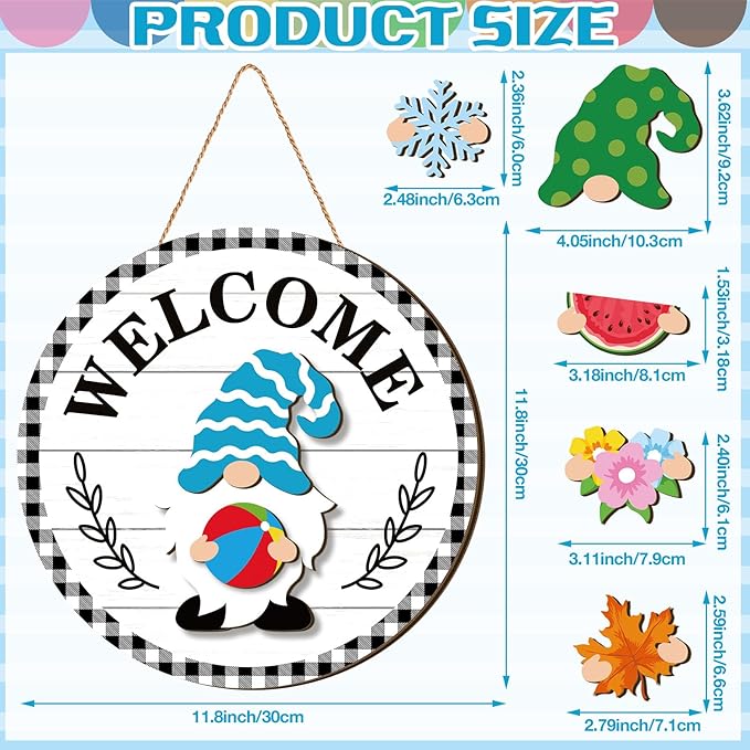 Qunclay Interchangeable Wooden Gnome Decor Holiday Seasonal Gnome Decorations with Magnet Pieces and Detachable Hats Changeable Welcome Sign for Home(Vivid Style)