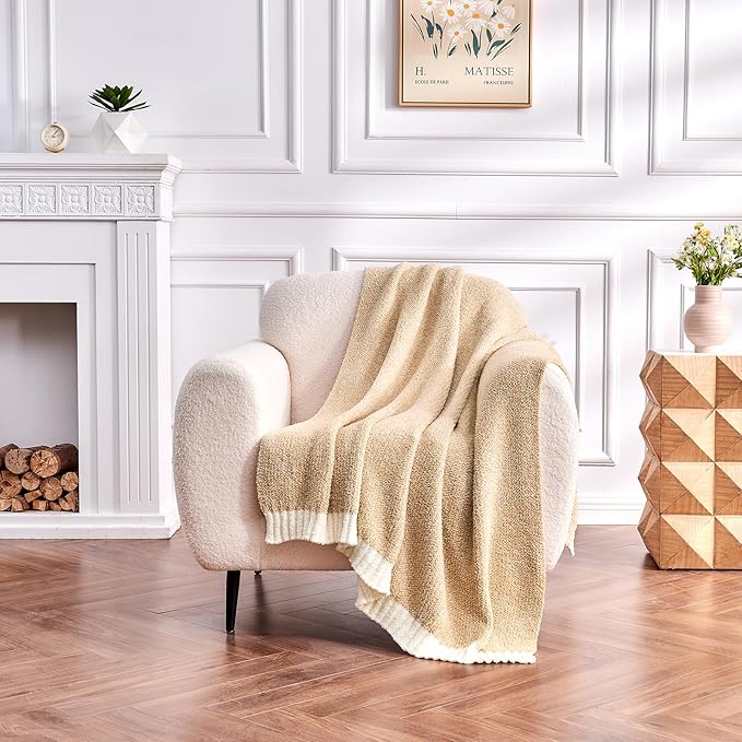 CozeCube Melange Blanket, Ultra Soft Khaki Tan and White Throw Blanket, Warm Cozy Knit Fuzzy Plush Reversible Throw for Couch Bed Sofa, 60"x80"