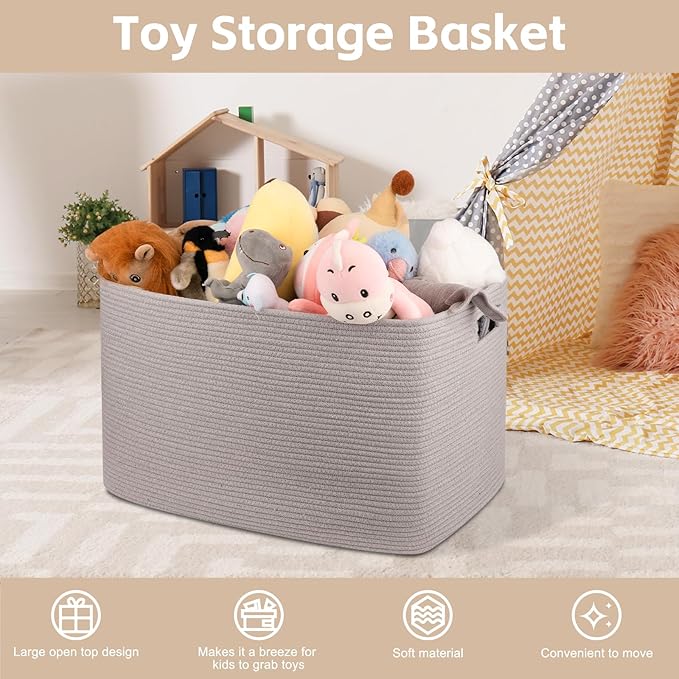 OIAHOMY 118L XXXLarge Cotton Rope Storage Basket, Oversized Blanket Basket, Used for Organizing Dirty Clothes in Living Room, Bedroom, Nursery, Dog Toy Storage Bins, 25" x 17" x 16",Grey