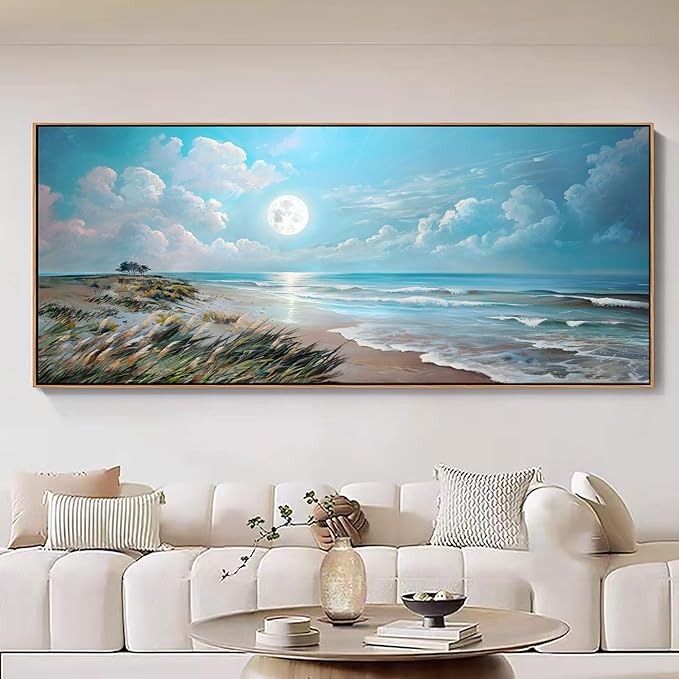 YCPRIMER Extra Large Coastal Wall Art - Blue Beach Canvas Wall Decor Ocean Picture Seascape Painting for Living Room Bedroom Bathroom Decoration Sea View Artwork Prints Pictures Works Easy to Hang Size 70x31inchs