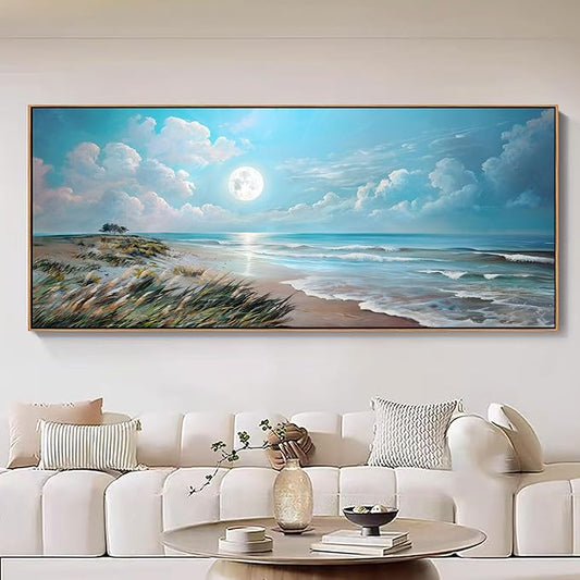 YCPRIMER Extra Large Coastal Wall Art - Blue Beach Canvas Wall Decor Ocean Picture Seascape Painting for Living Room Bedroom Bathroom Decoration Sea View Artwork Prints Pictures Works Easy to Hang Size 70x31inchs