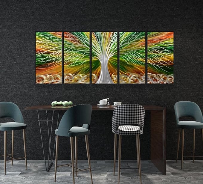 Yihui Arts Abstract Metal Wall Art - Tree Of Life Hand Crafted 5 Pieces Panels Large Big Unique 3D Aluminum Modern Contemporary Home Accent