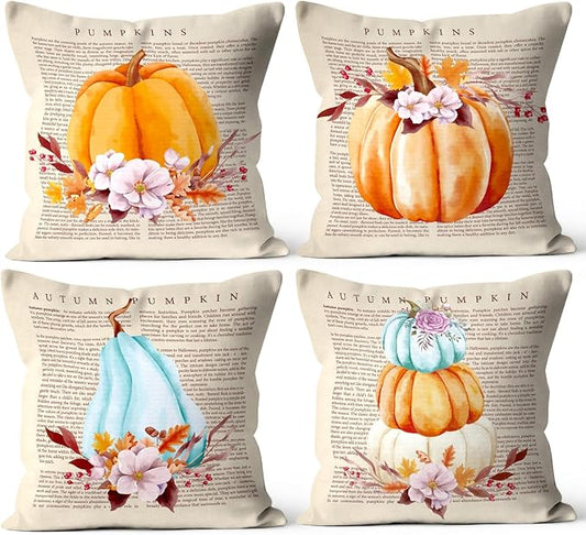 Autumn Thanksgiving Fall Home Decor, Vintage Pumpkin Throw Pillow Covers Set of 4 (18x18 Inch), Cozy Couch Pillow Cases for Indoor & Outdoor, Holiday Accents