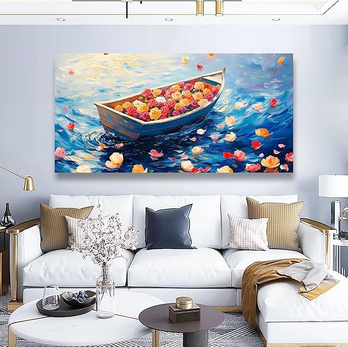 Flowers Boat Oil Pictures Wall Art Bedroom Wall Decor Living Room,Ocean Canvas Wall Art Office Farmhouse Paintings Artwork Modern Rose Colorful Flower Petals Blue Sea Waves Wall Art Prints 20 * 40inch