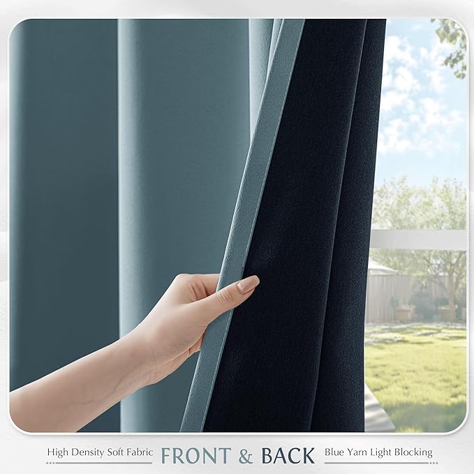 Beauoop Dusty Blue 100% Blackout Curtains 96 Inch Long 2 Panels for Bedroom Living Room Solid Room Darkening Thermal Insulated Soundproof Energy Saving Grommet Top Window Treatment Drapes,52x96 2 Set