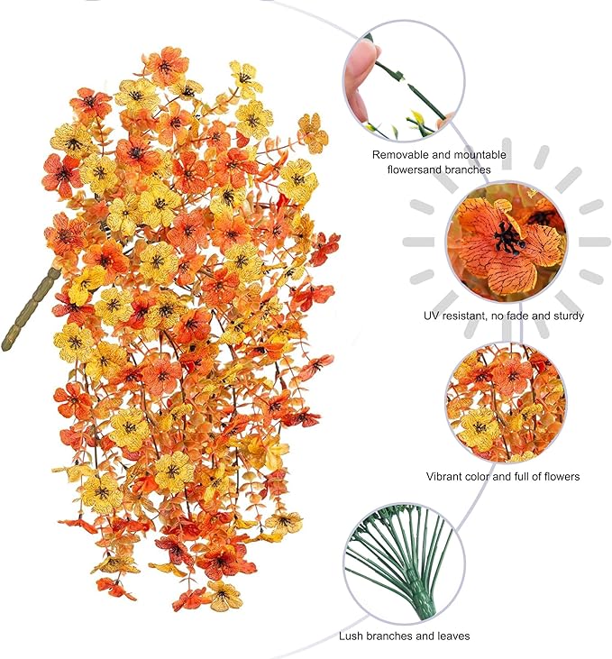 Artificial Flowers for Fall Outdoors Decoration, 2Pcs Fake Fall Light Orange & Yellow Hanging Flowers, Faux Autumn Decor for Porch Patio Balcony Planter, Realistic Arrangement