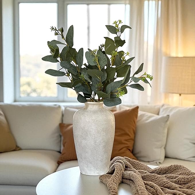 Luxury Large White Ceramic Tall Vase (11.2”) with 35.5” Faux Eucalyptus – Handmade Elegant Table Centerpiece for Rustic & Modern Decor – Gift Box Included