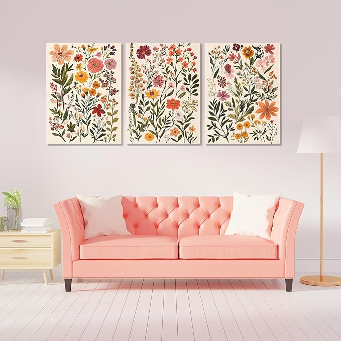 UCRAASDEB Framed Colorful Wildflowers Canvas Wall Art Set of 3 Neutral Vintage Floral Pictures Poster Farmhouse Boho Botanical Painting Prints for Living Room Nursery Bedroom 16'' x 12''